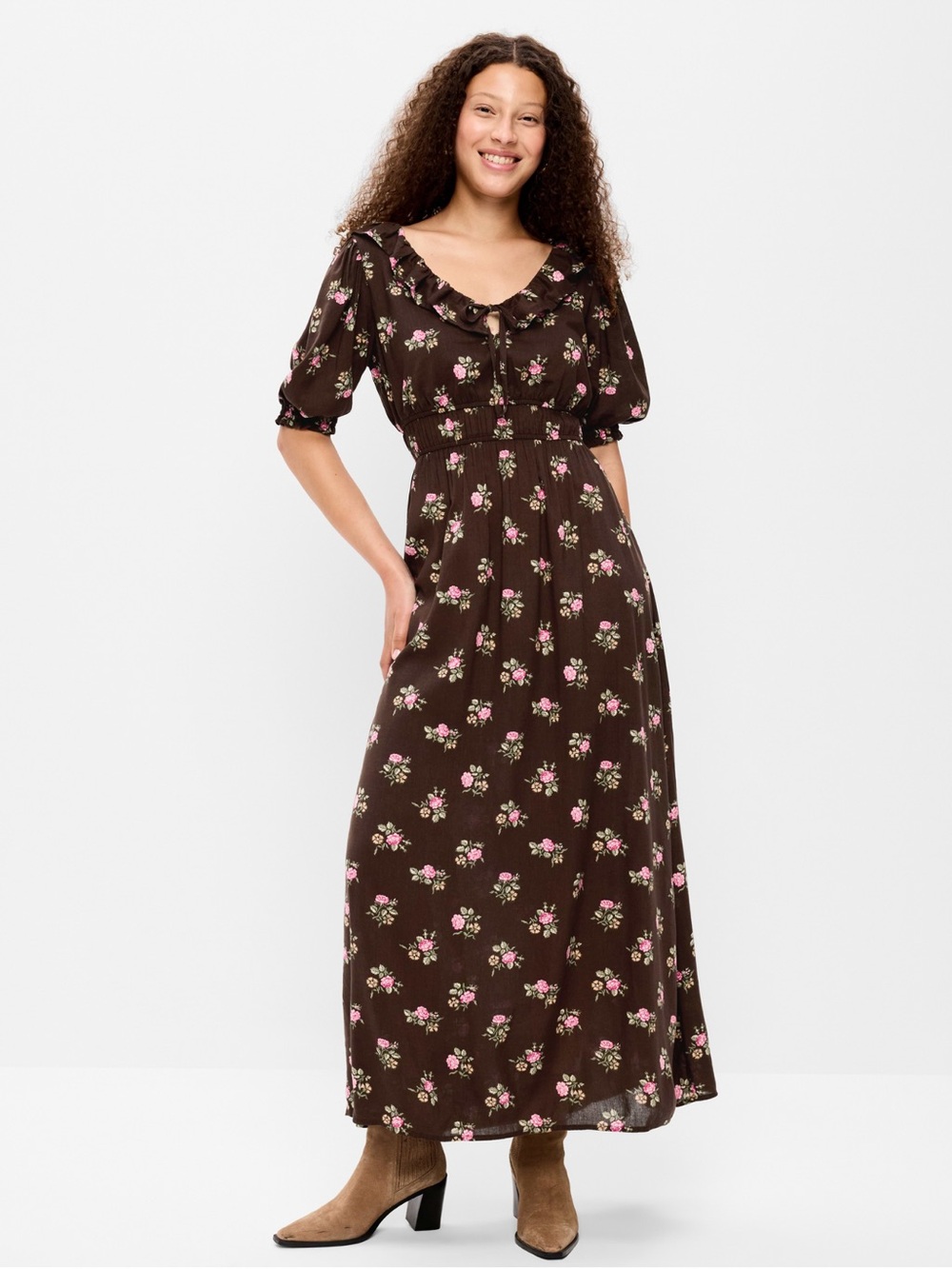 Old Navy Floral Ruffle Maxi Dress in Dark Brown with Pink Print